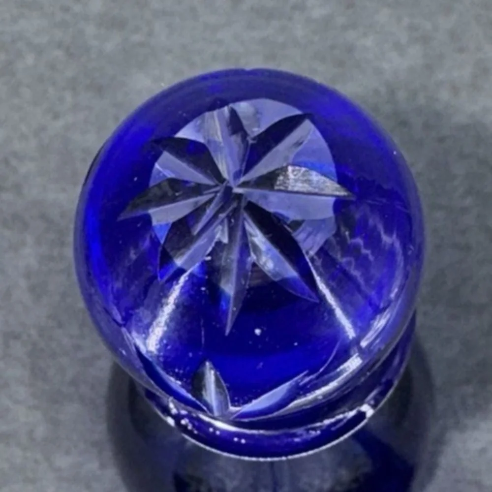 Vintage Bohemian Cobalt Blue Cut Glass Decanter w Stopper & Matching Cordial Gla